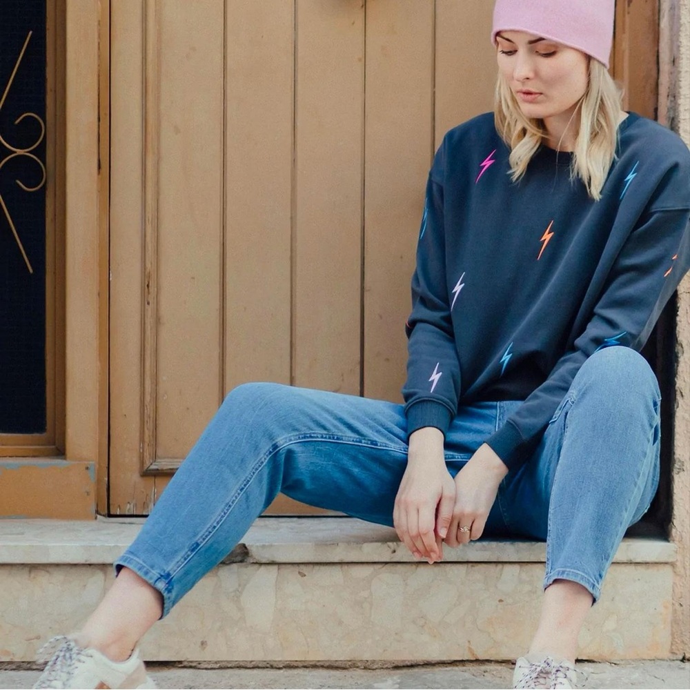 Scarlett- Ellie black sweatshirt with embroidered lightning bolts size L